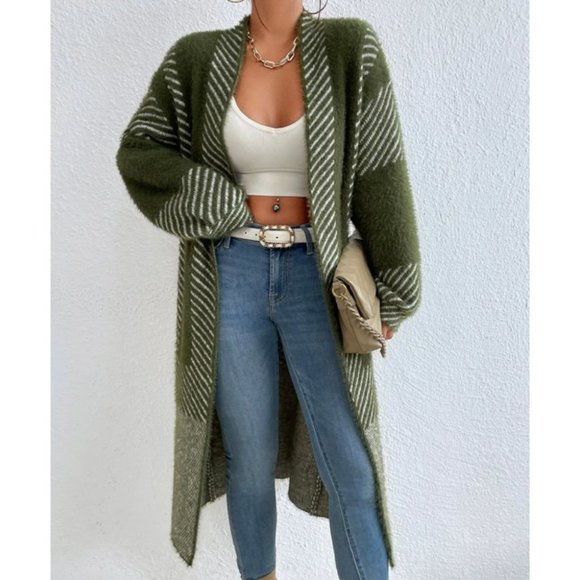 open front striped print fuzzy sweater knit duster cardigan green - Picture 6 of 7